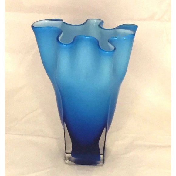 Art Glass Blue Hand Blown Vase Ruffle Edge White Interior 6" Tall - Picture 2 of 4
